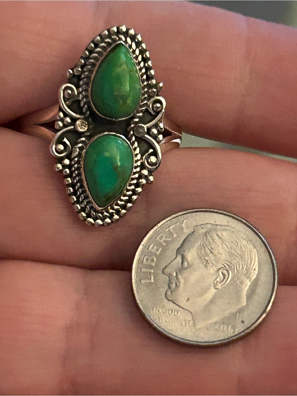 Sterling Silver Green Mojhave Double Teardrop Ring size 8.5 - Picture 7 of 8